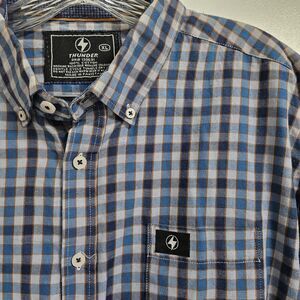 Thunder Men's XL Blue Button Down Shirt Western Checks Pockets Logo Outdoor